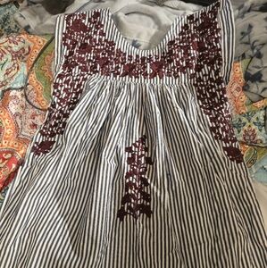 Boutique A&M Navy Striped Dress with Burgundy Floral Embroidery